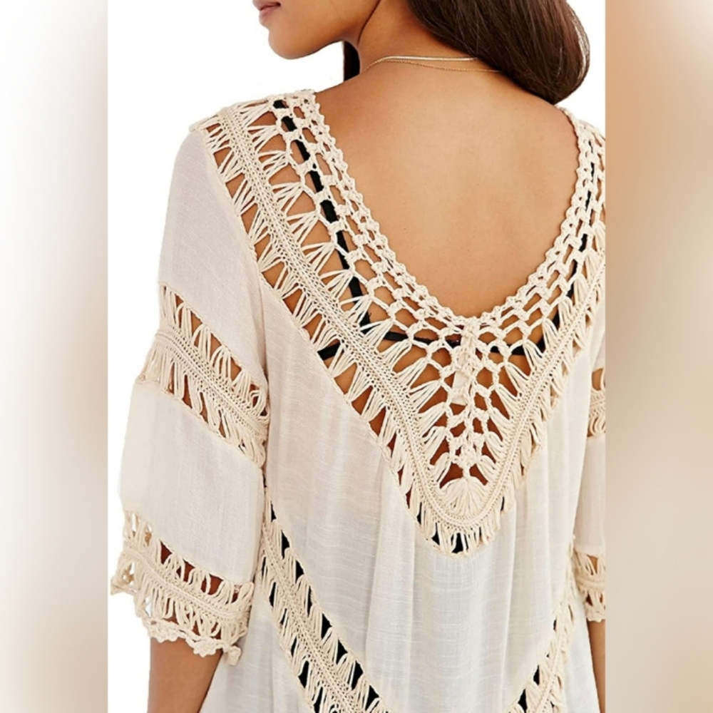 🌞Women’s Boho V Neck Crochet Tunic Tops Blouse - Picture 3 of 5